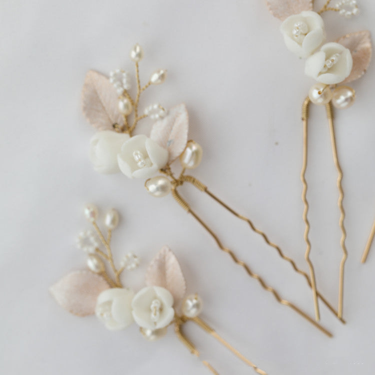 Bridal Ceramic Flower Hair Fork with Pearl