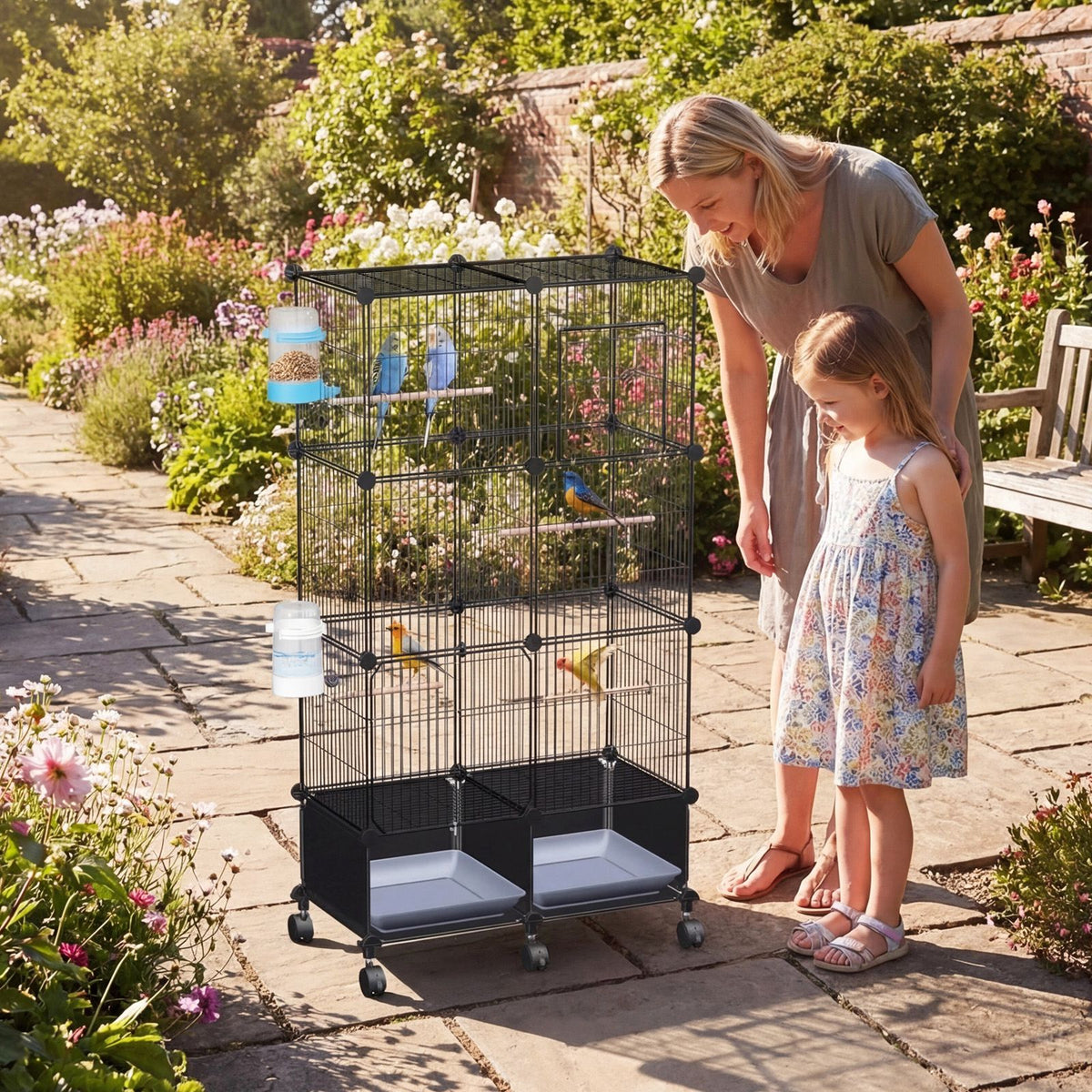 Spacious Bird Cage with Perches Water Bottles and Lockable Wheels for Small to Medium Birds