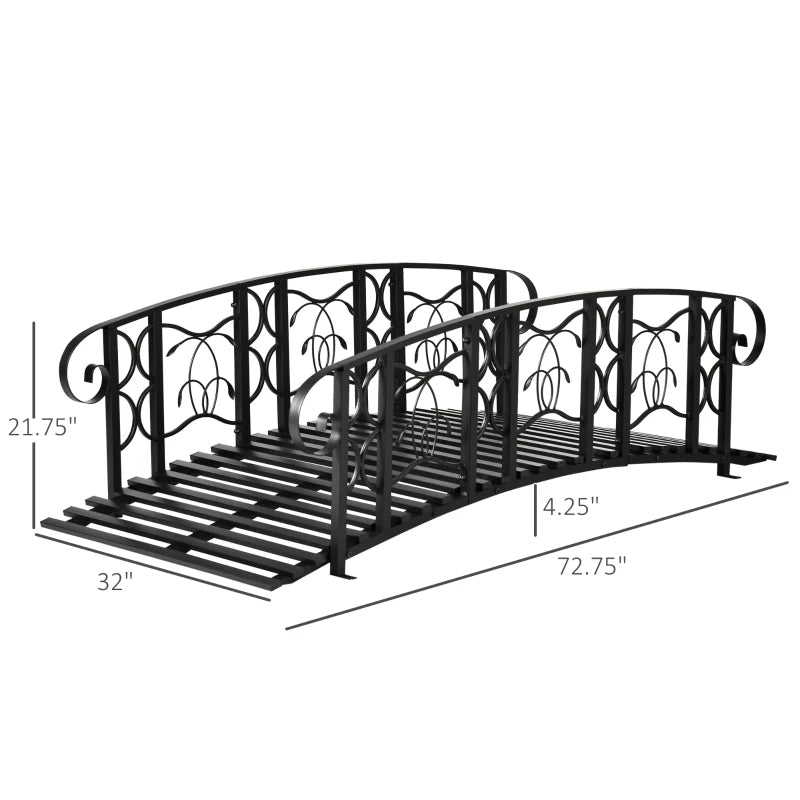Metal Garden Bridge with 660 lbs Capacity, Safety Rail, Vine Motifs, Black