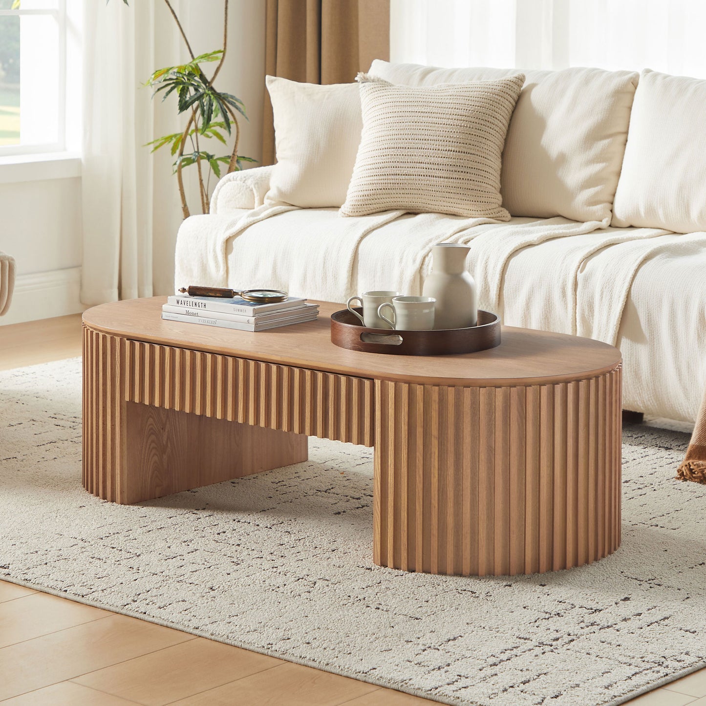 Oval Wood Coffee Table with Drawer - Mid Century Modern, Oak