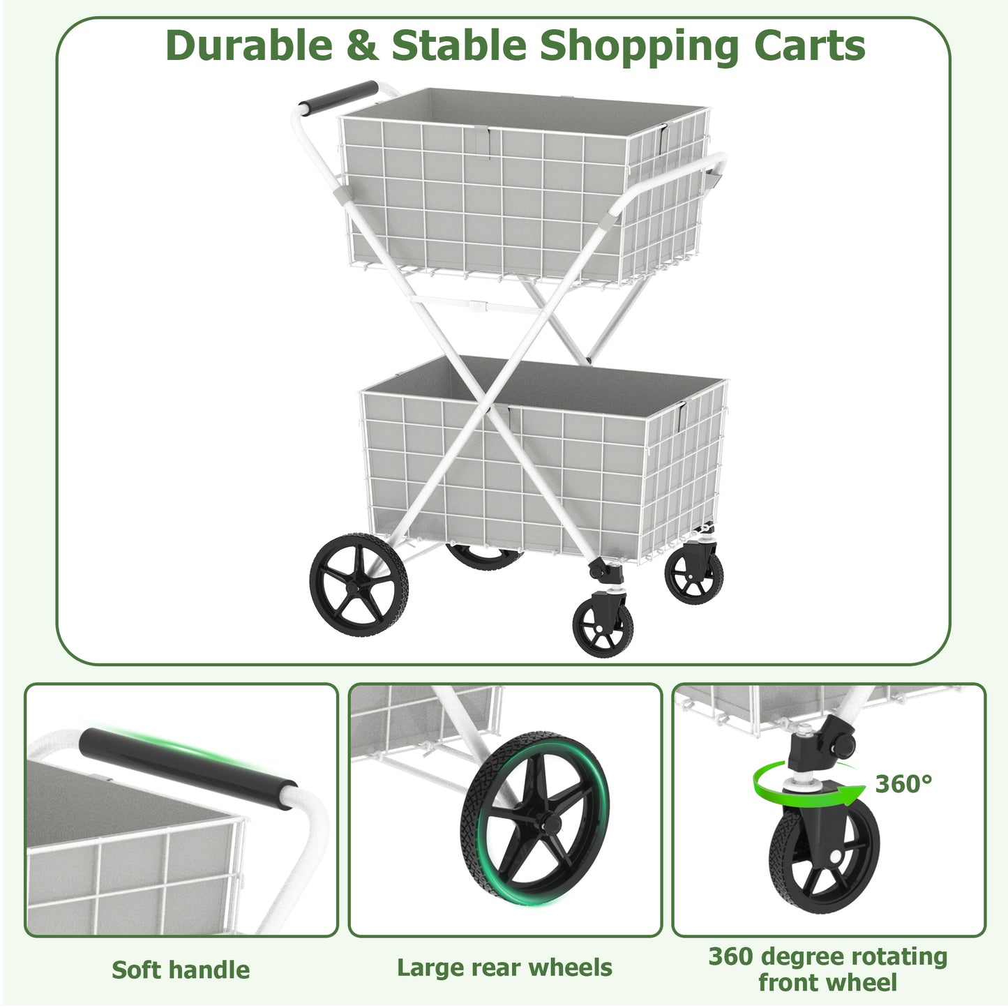Extra Jumbo Foldable Shopping Cart with Double Baskets - White