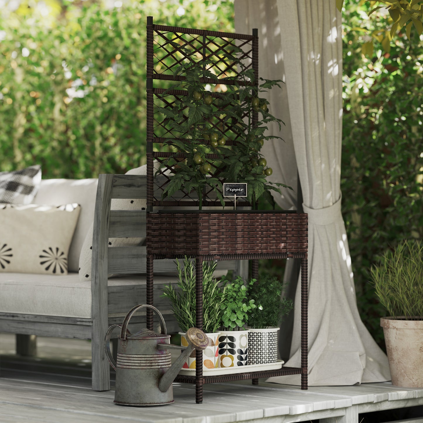 Outdoor Wicker Planter with Trellis for Climbing Plants - Freestanding Rattan Garden Box with Storage Shelf - Brown