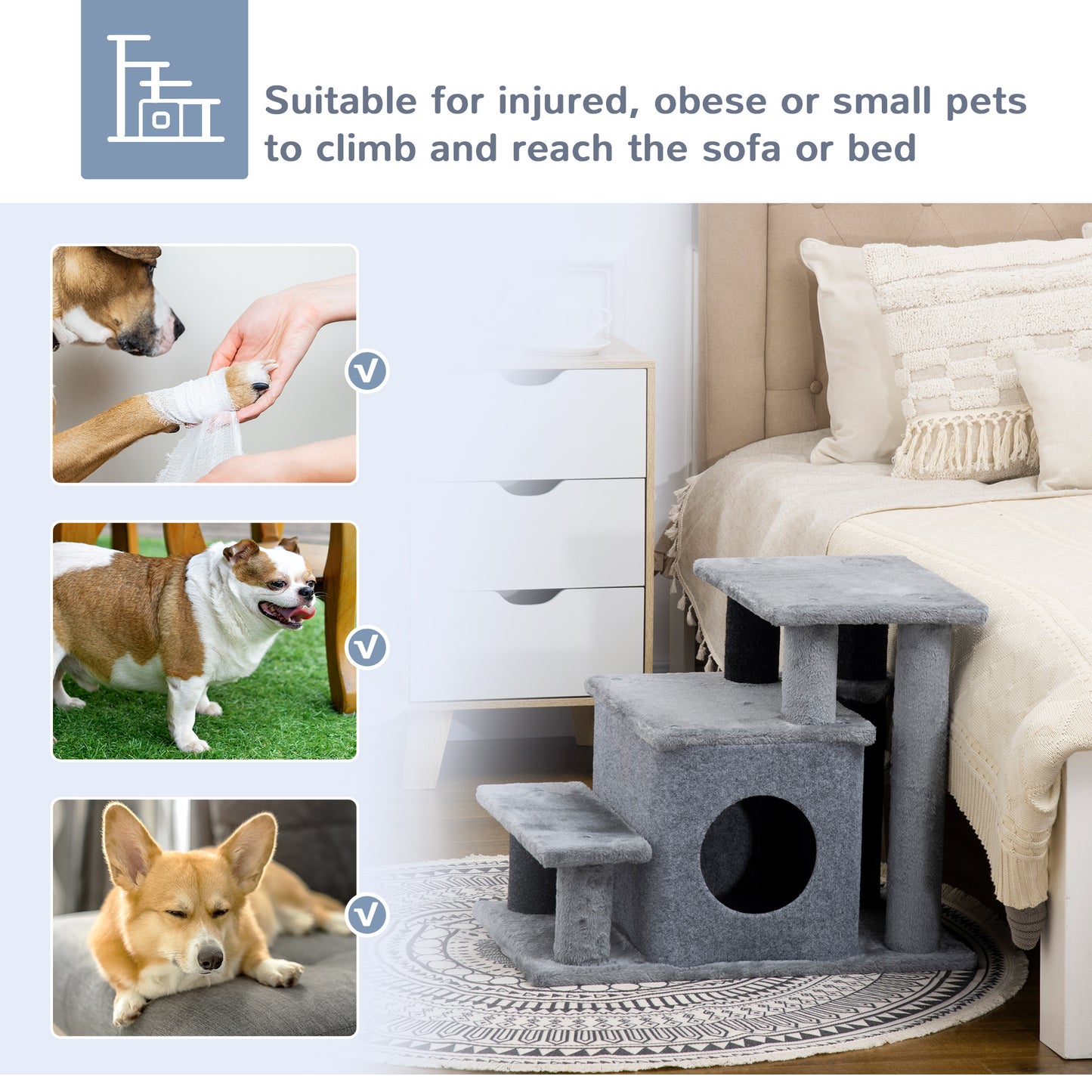 Adjustable 3-4 Step Cat Stairs with Scratching Post & Toy Ball - Gray