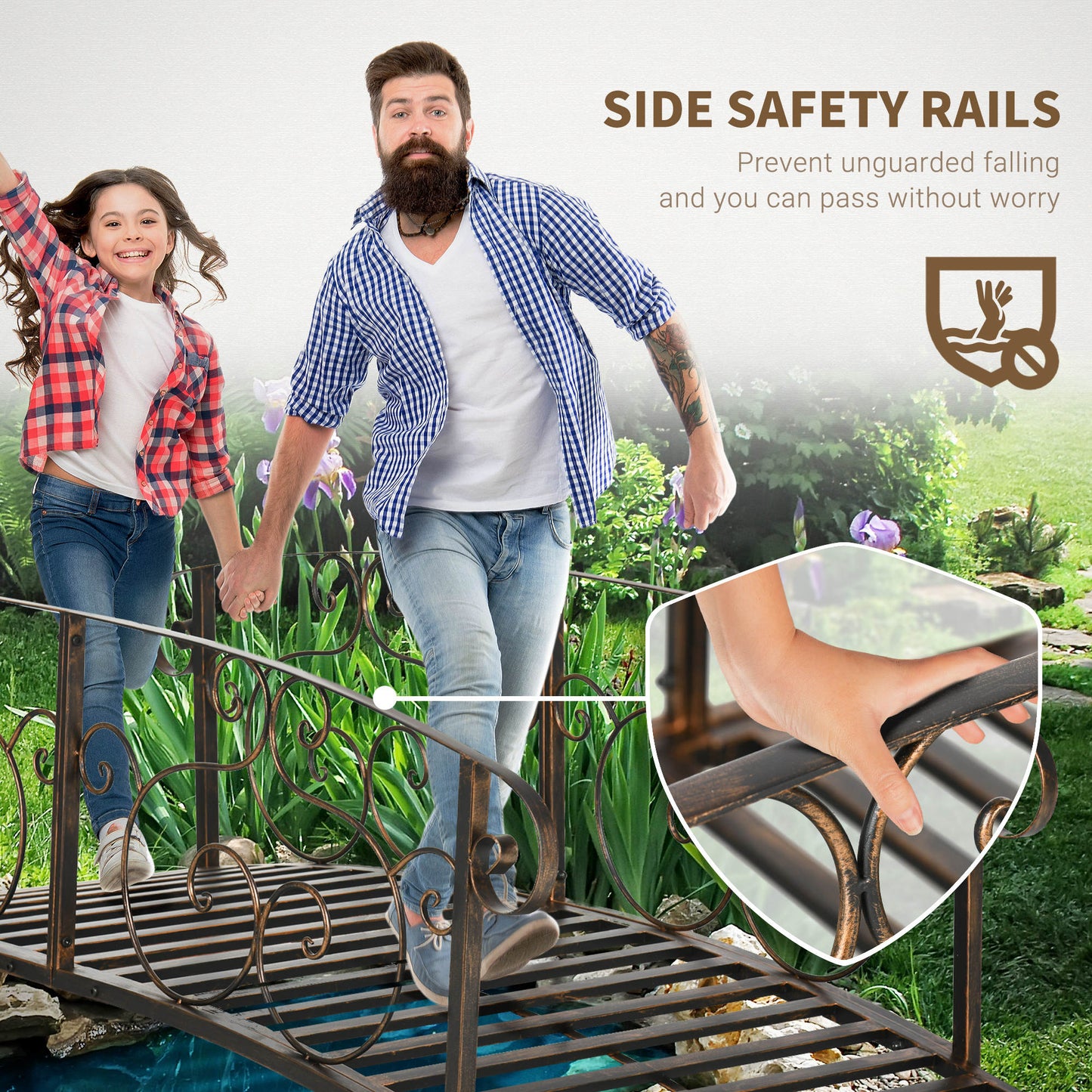 Metal Garden Bridge with Safety Siderails - Bronze Arc Footbridge for Pond and Creek