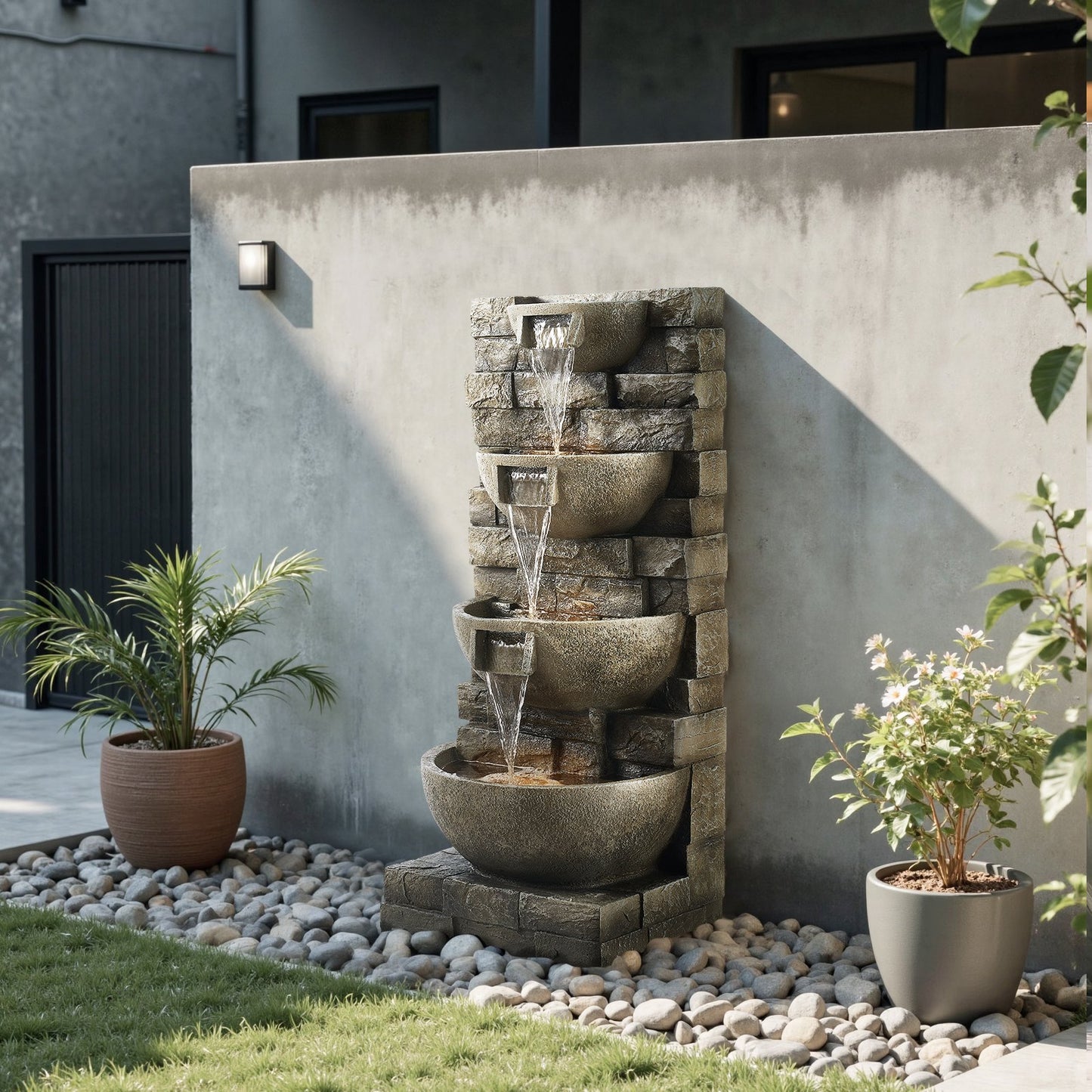 Outdoor 4-Tier Water Fountain Garden Decor - 35.6 Inch Stack Style, Grey