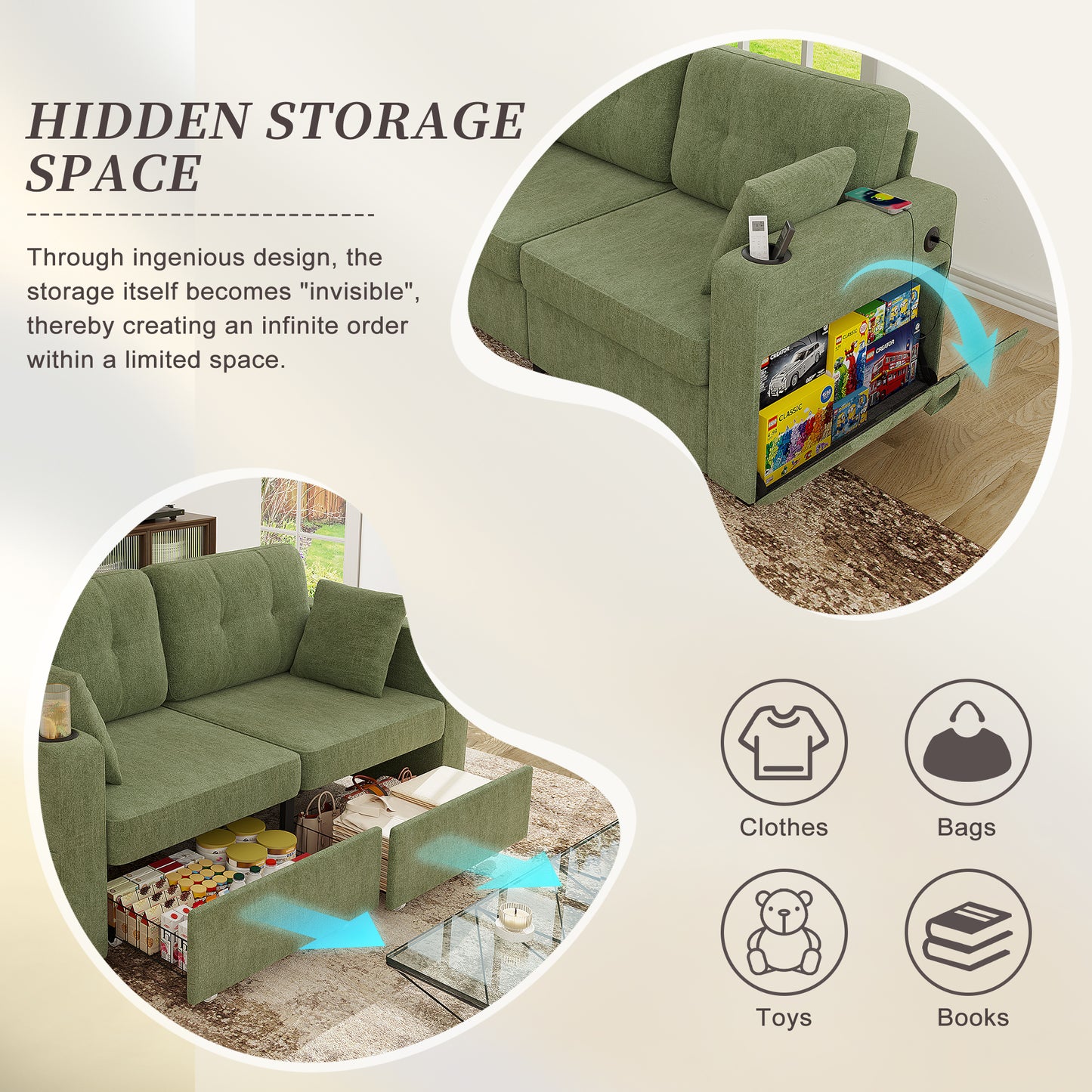 Modern 3-Seater Sofa with USB Charging & Storage - Olive