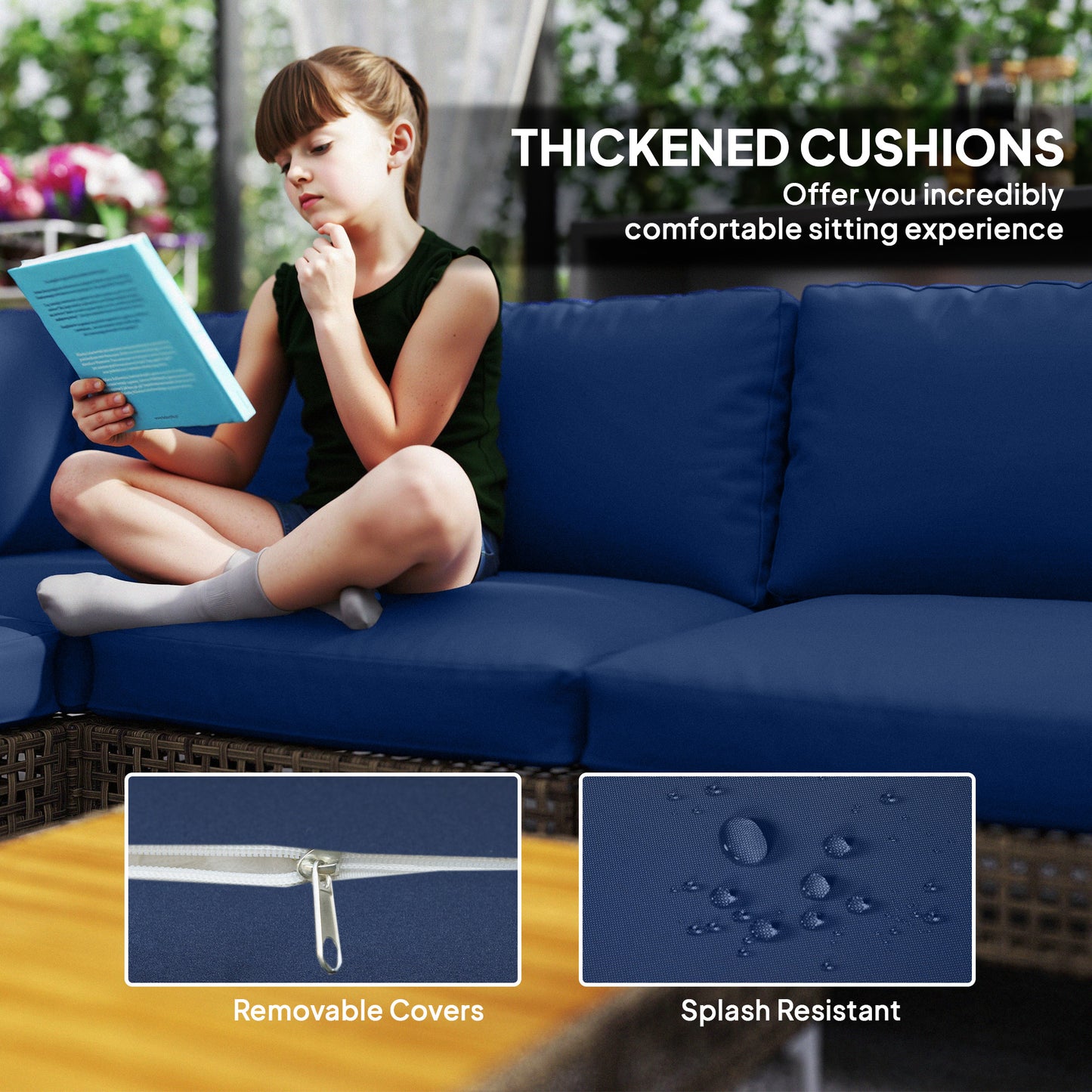 7-Piece Modular Wicker Patio Furniture Set with Cushions - Brown/Blue