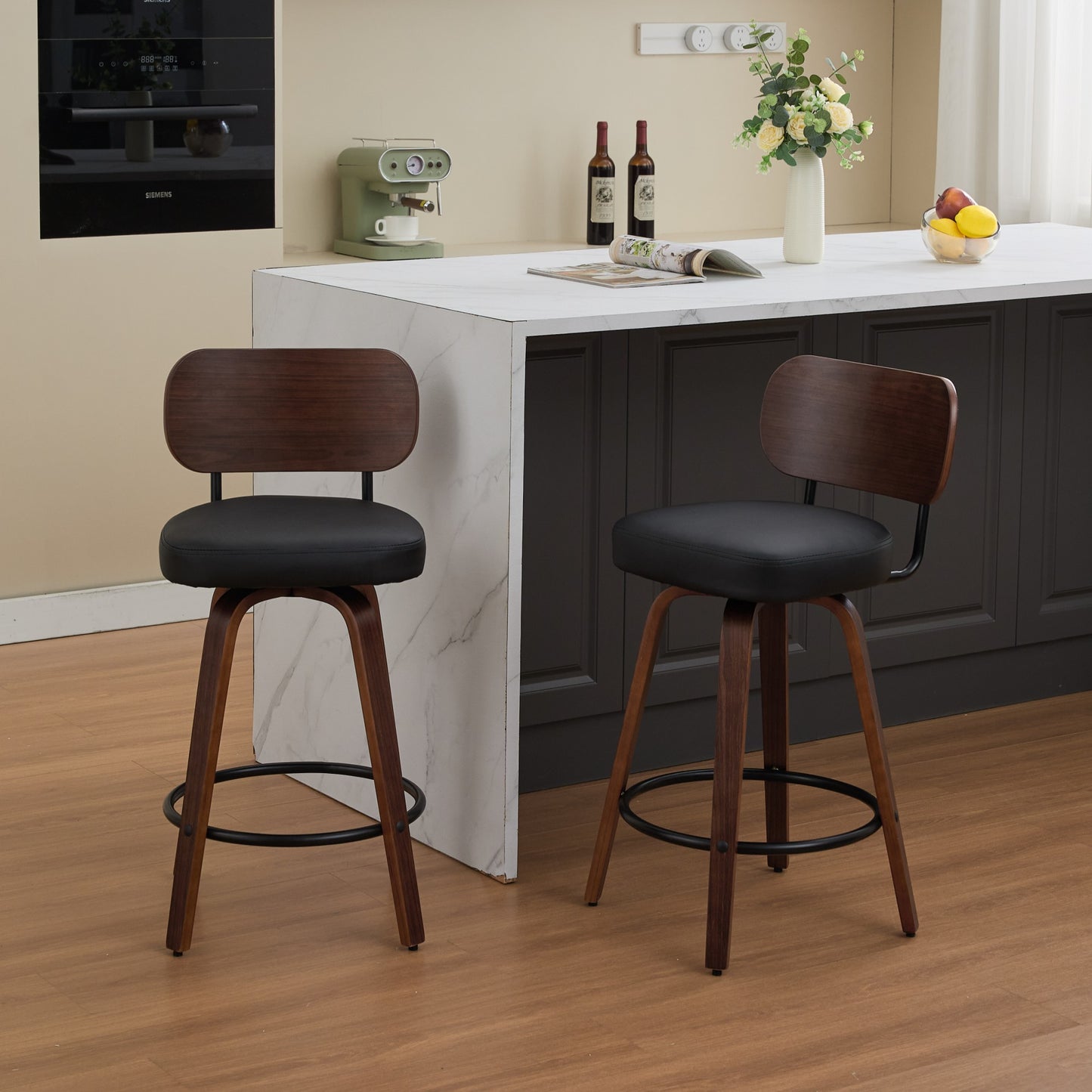 Swivel Bar Stools Set Of 2, 26 Upholstered Faux Leather Counter