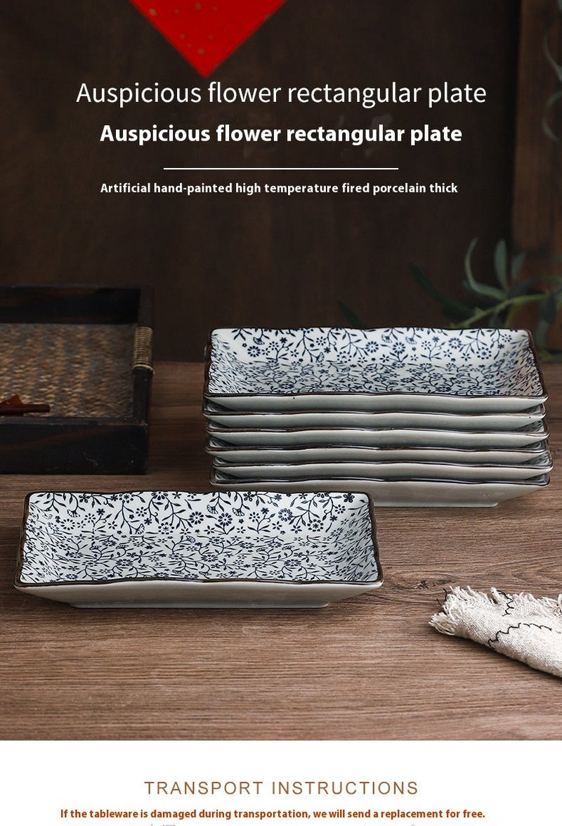 Ceramic Rectangular Plate Set - Antique Under-Glaze Dinnerware for Kitchen