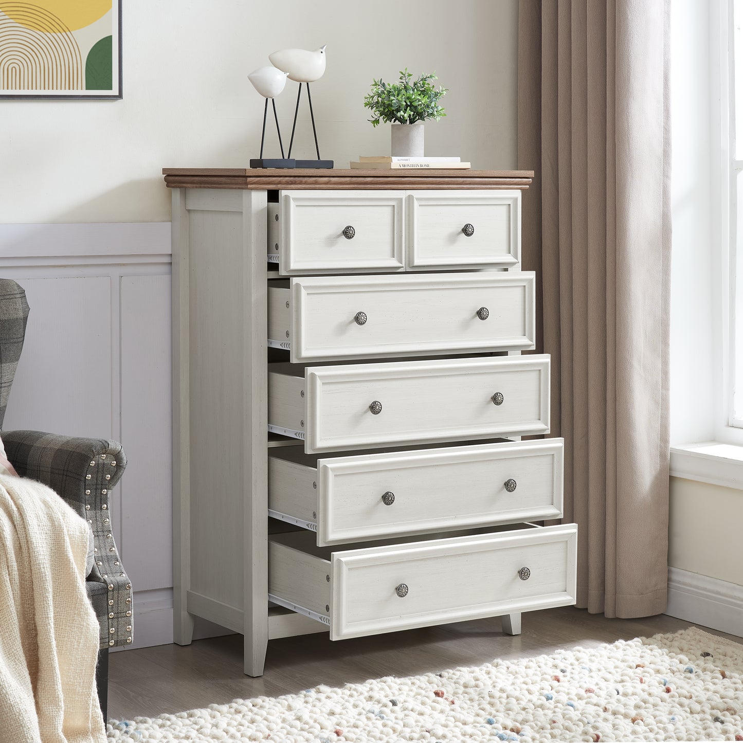 Modern 6 Drawer Dresser - Beige Chest of Drawers for Storage