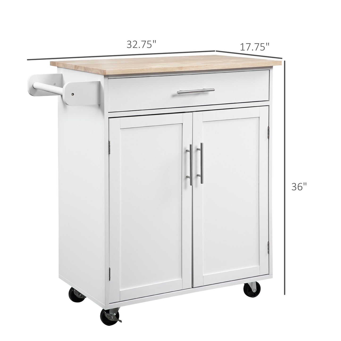 Rolling Kitchen Island Cart with Solid Wood Top & Storage - White