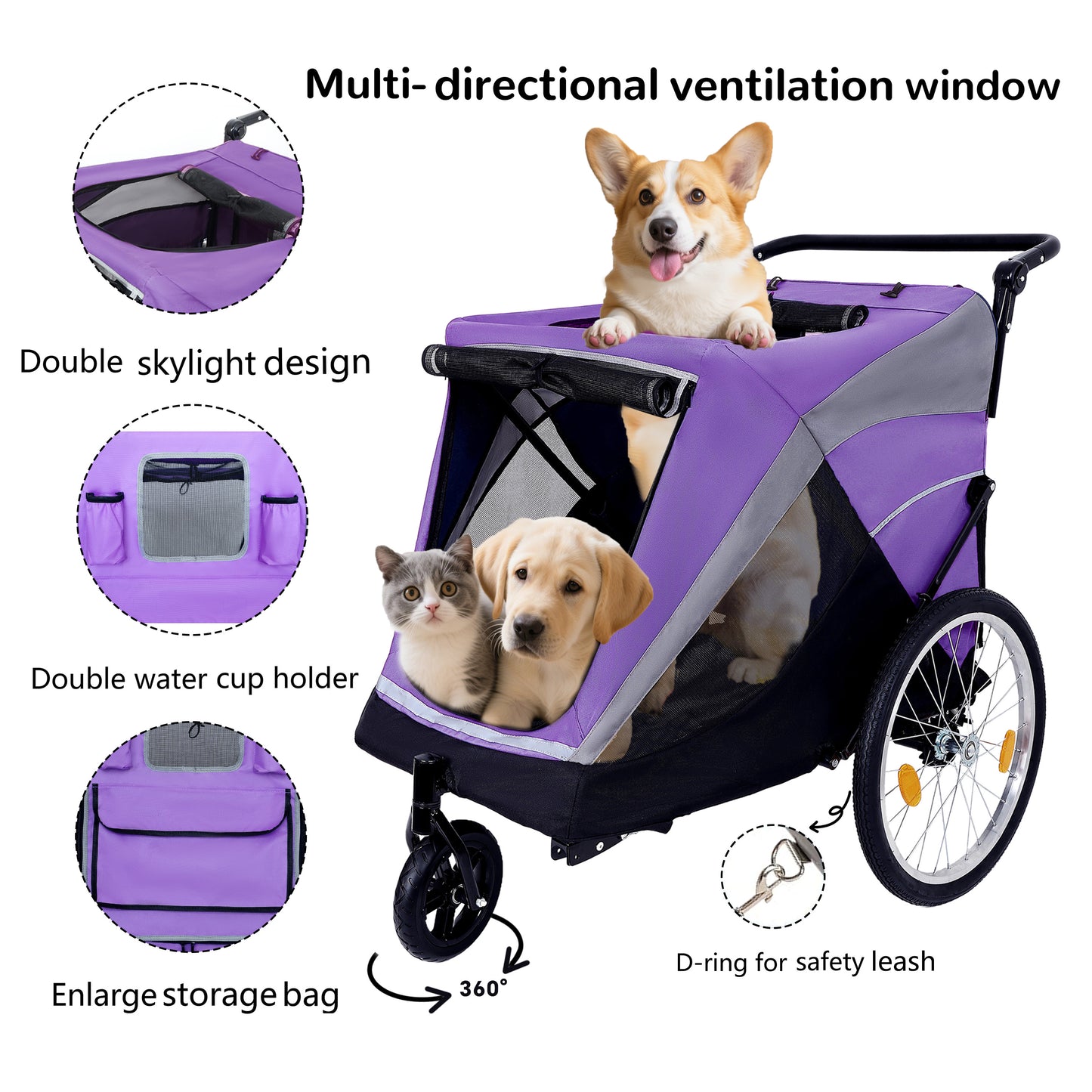 2-in-1 Pet Bike Trailer & Push Cart with Detachable Hitch - Holds Up to 100 lbs