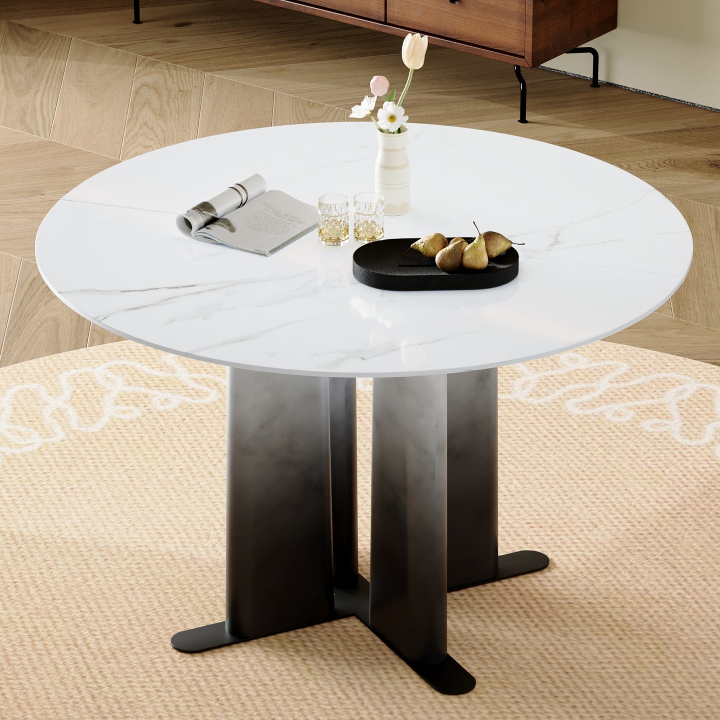 Round White Marble MDF Dining Table with Gradient Legs - Compact for 2-4
