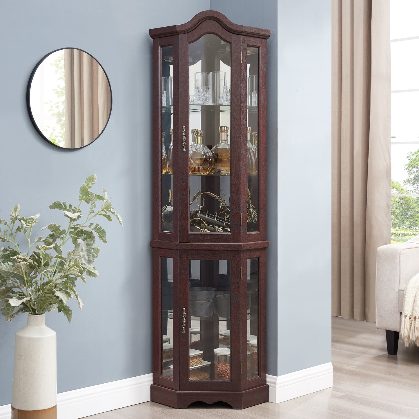 Lighted Corner Curio Cabinet With Tempered Glass Doors & Shelves -