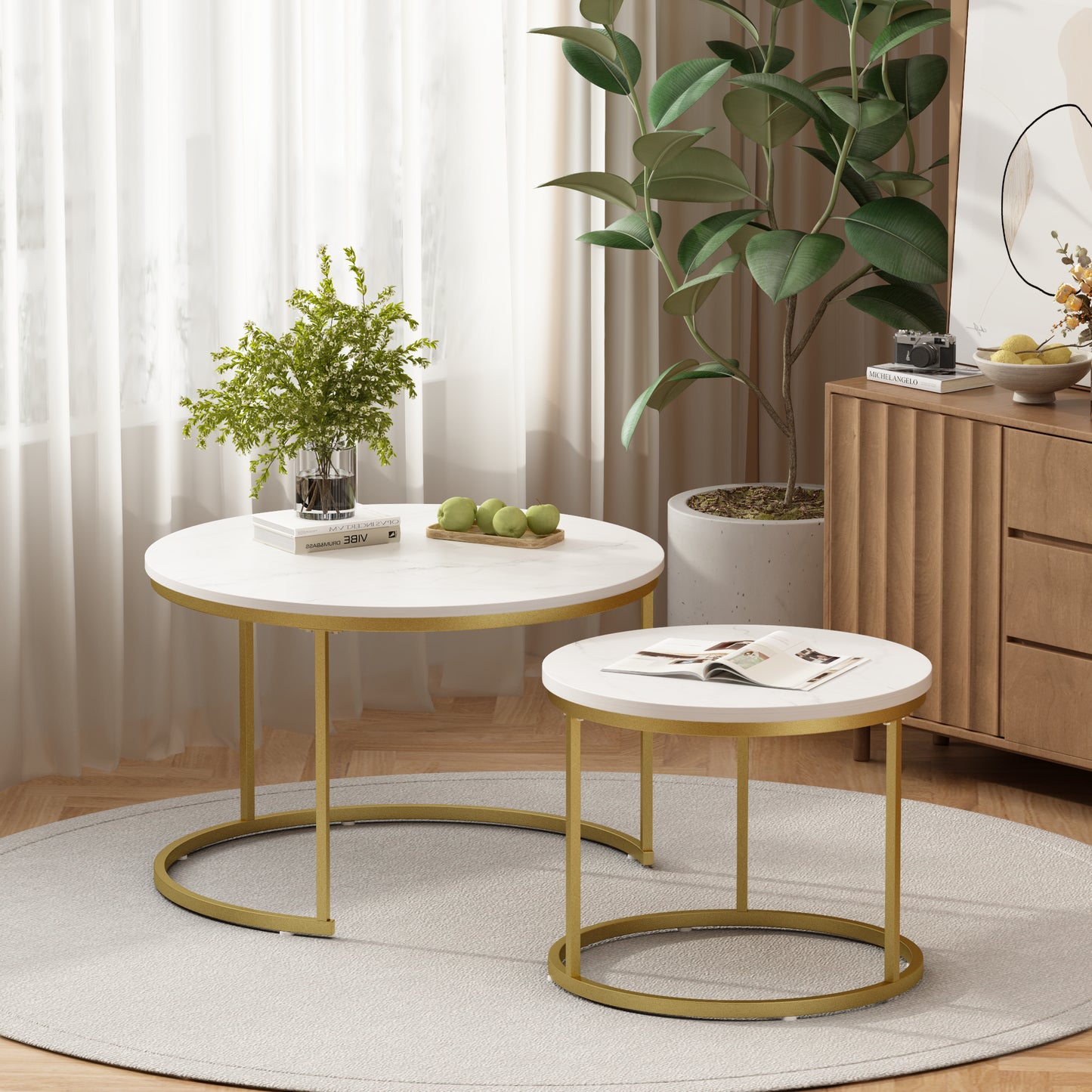 Nesting Coffee Table Set of 2 - Round Wood Marble Pattern - White+Gold