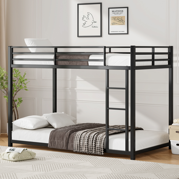 Twin Over Metal Bunk Bed, Low Bed With Ladder, Frame,Black, Sturdy