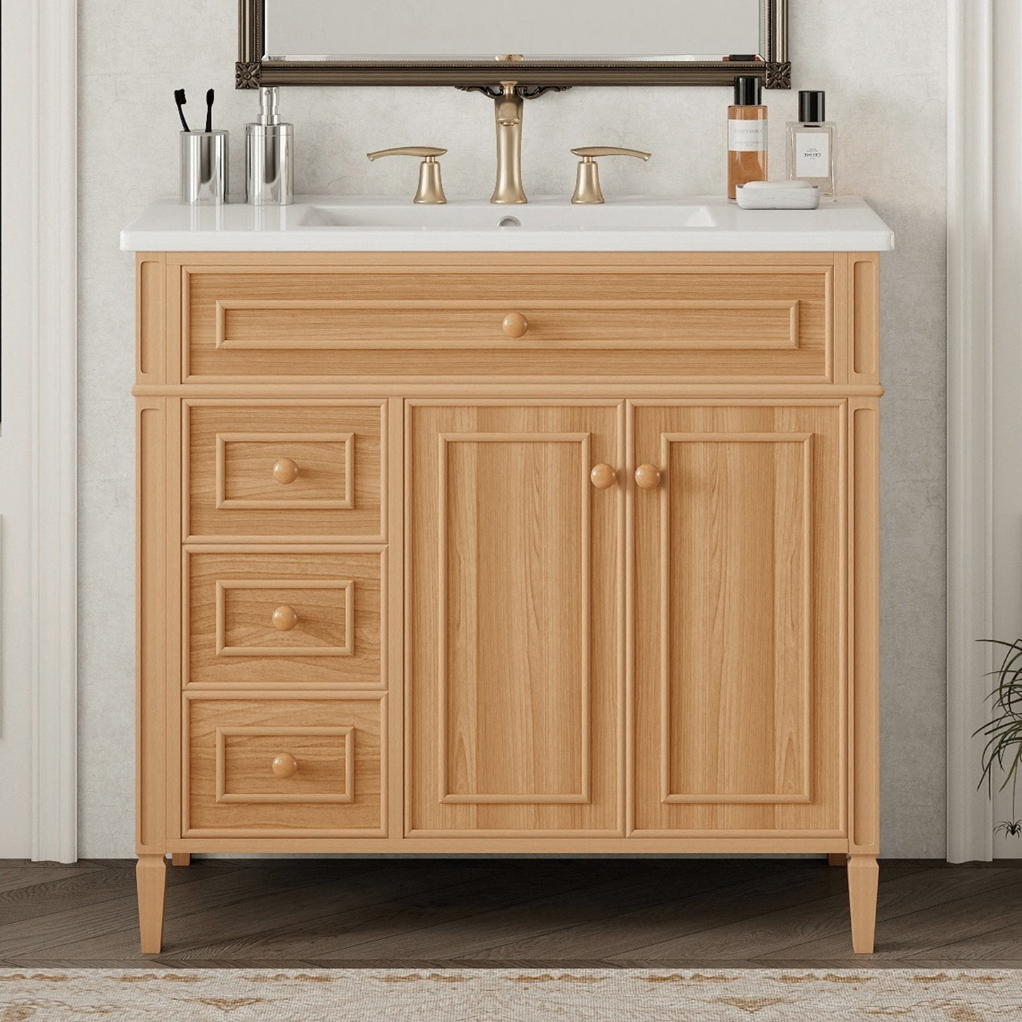 36" Bathroom Vanity with Sink - Wood Cabinet, 3 Drawers, Soft-Close Doors