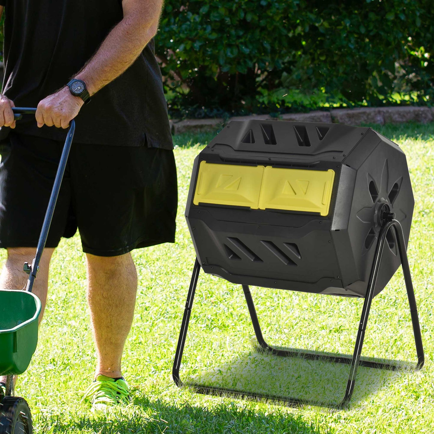 Outdoor 360° Double Chamber Rotating Compost Bin - 43 Gallon Yellow Garden Tool