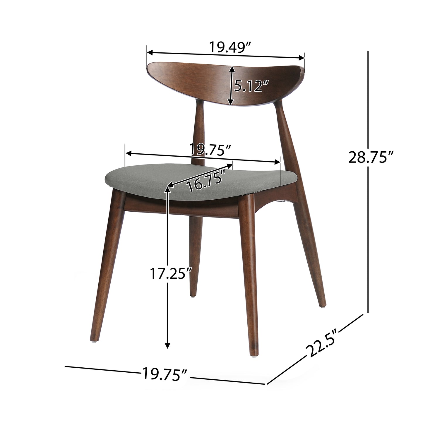 Set of 2 Retro Rubberwood Dining Chairs with Cushions - Light Gray & Walnut