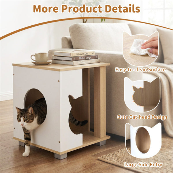 Wooden Cat House Nightstand with Metal Base - Anti-Slip Pet Furniture