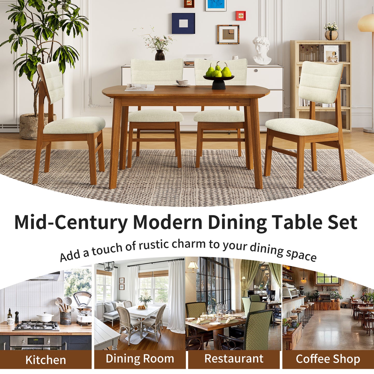 Farmhouse Dining Table Set for 4 with Upholstered Chairs - Brown & Beige