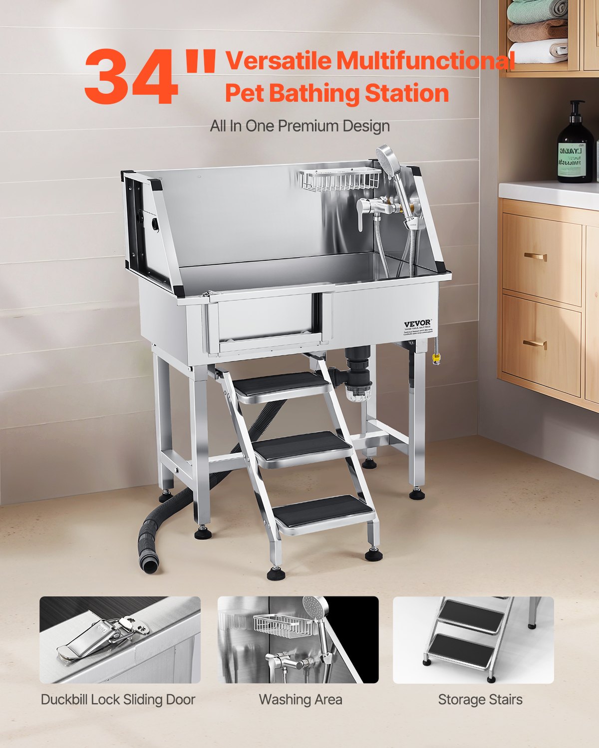 34-Inch Stainless Steel Dog Grooming Tub with Shower Faucet and Non-Slip Stairs