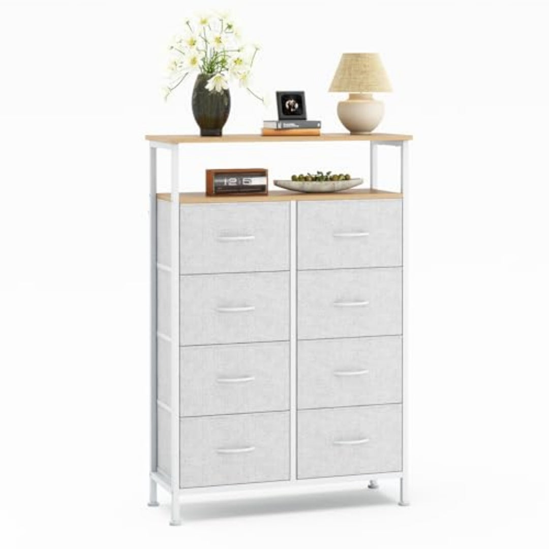 Light Grey Wooden Storage Unit with 8 Shelves and Drawers
