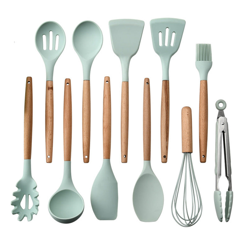 Silicone Kitchen Utensil Set with Wooden Handles - 12pcs Heat-Resistant Cooking Tools