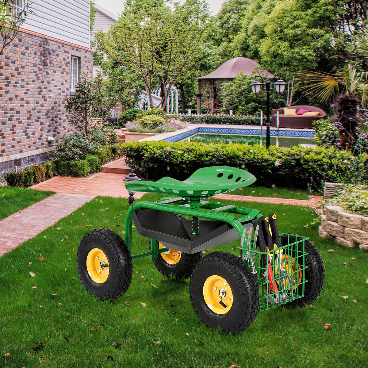 Heavy Duty Rolling Garden Cart with Tool Tray - Green