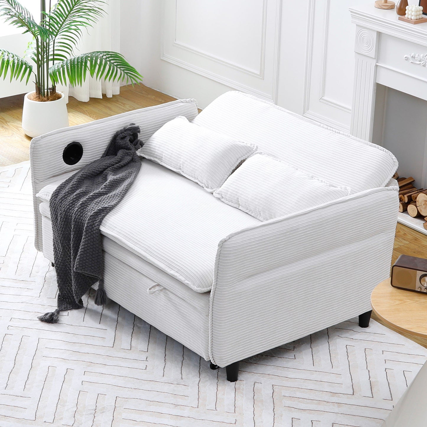 Multi-functional Beige Striped Sofa Bed with Adjustable Armrests