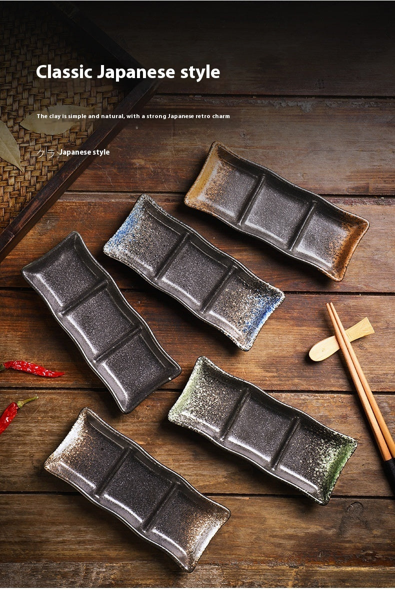 Rectangular Ceramic Sauce Dish with Three Grid Sections - Japanese Style Kitchenware