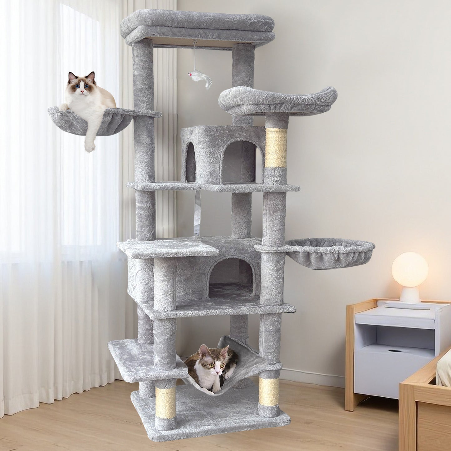 68-Inch Multi-Level Cat Tree with Hammocks and Scratching Posts - Light Gray