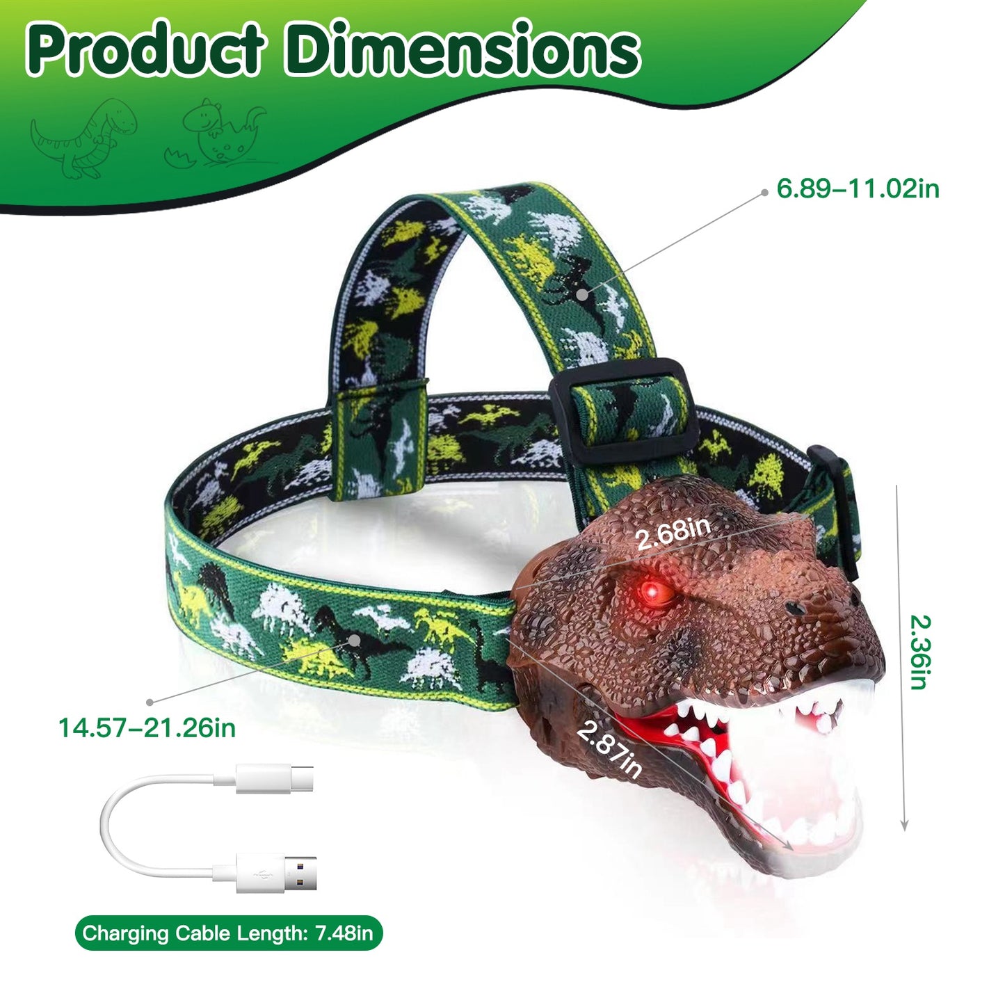 Kids Dinosaur Headlamp with Roar Sound & Adjustable Strap - Camping & Outdoor Toy