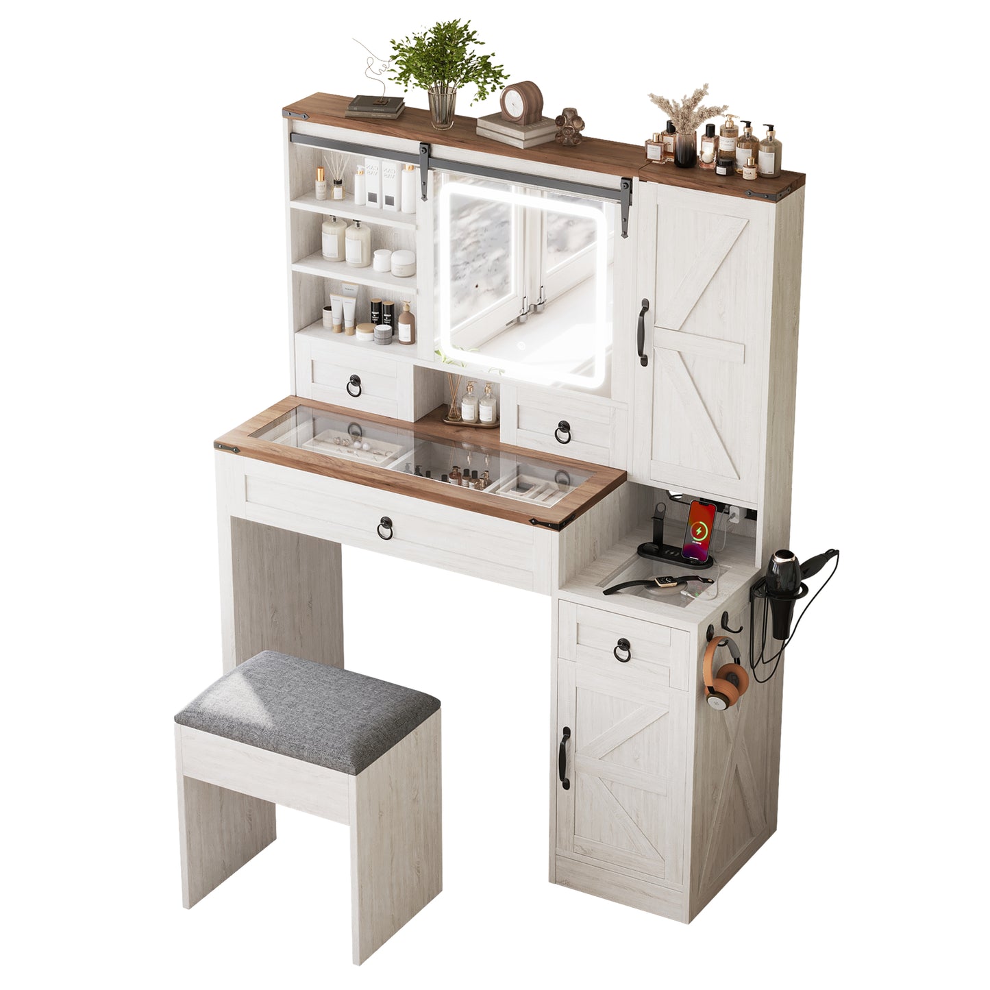Farmhouse Vanity Desk With Sliding Mirror And Lights, Set Glass Top