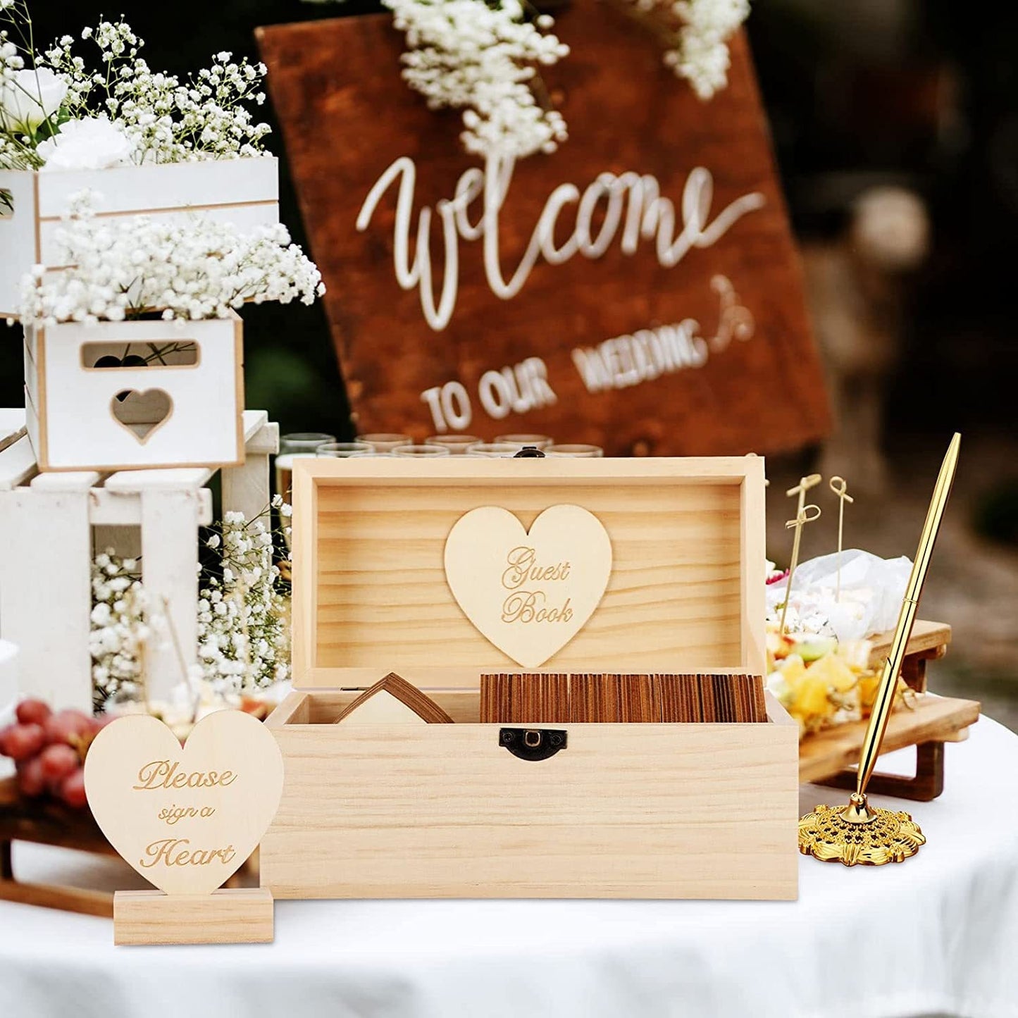 Rustic Wooden Heart Guest Book Set for Weddings & Events with Pen - Natural & Coffee Brown Options