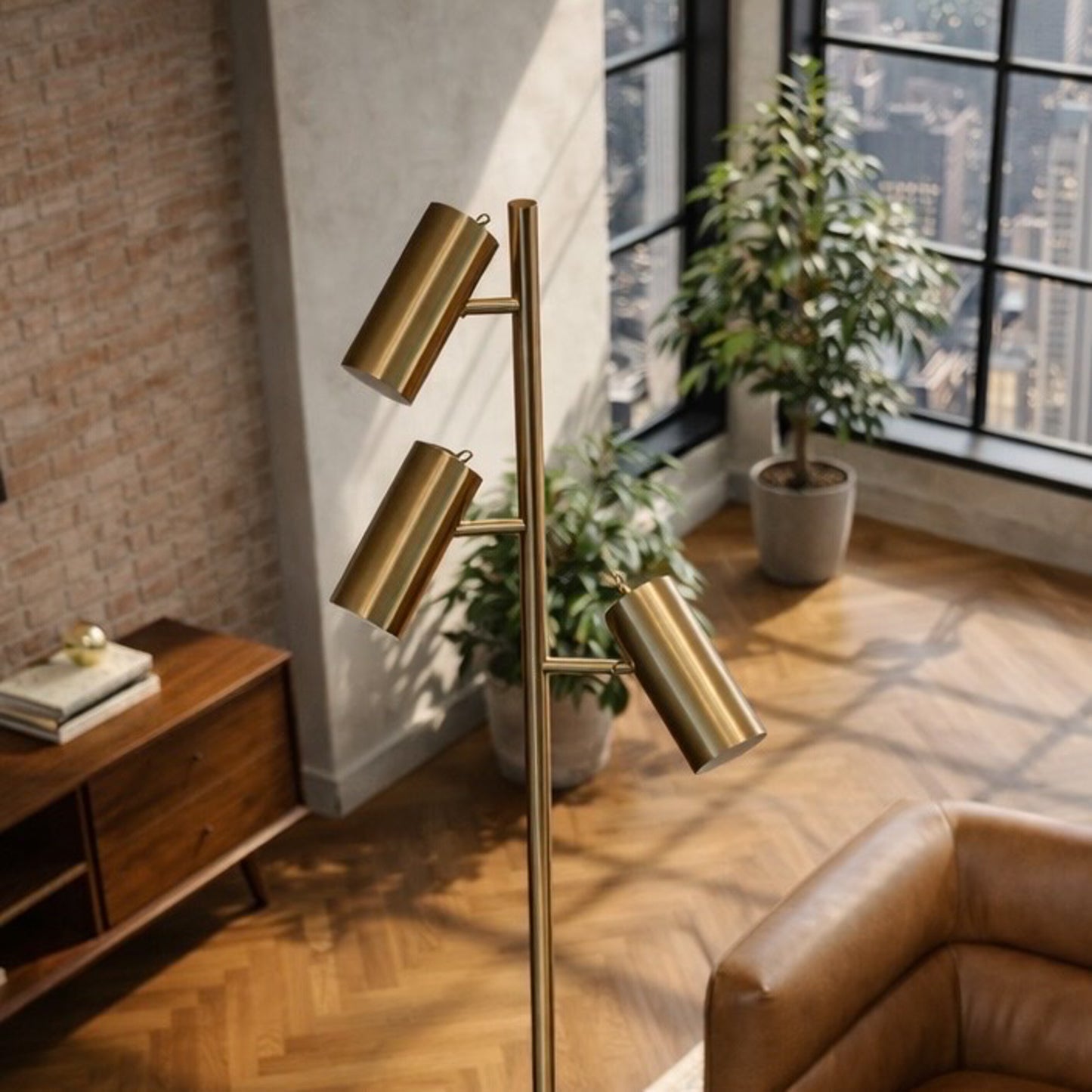 Lumina Brassed Gold Floor Lamp With Rotary Triple Spots Metal Cone