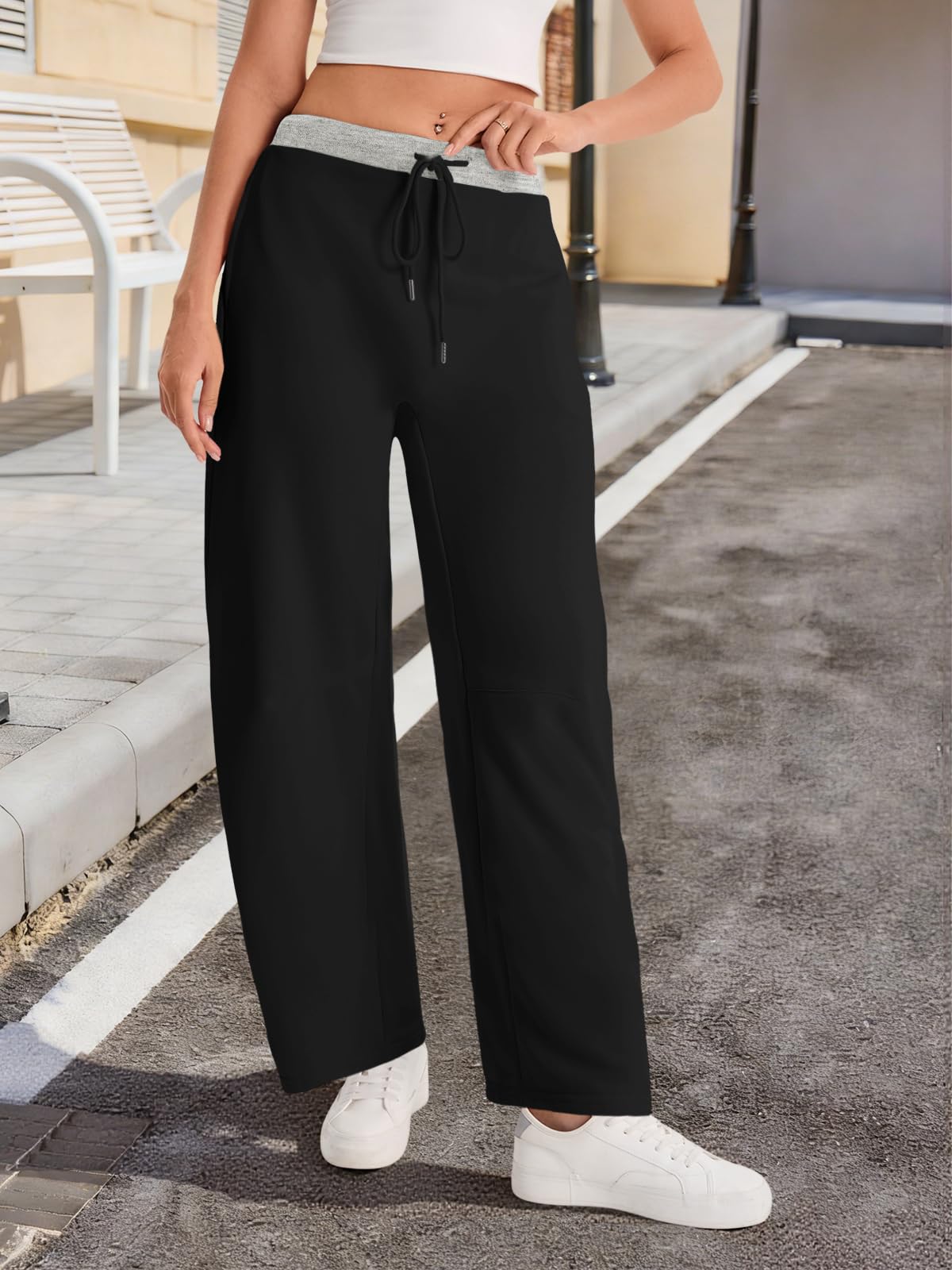 Wide Leg Sweatpants with Drawstring Waist and Pockets - Color Block