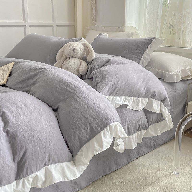 Instagram-Style White Bedding Set - Princess Water-Washed Cotton, 4-Piece Duvet Cover Set