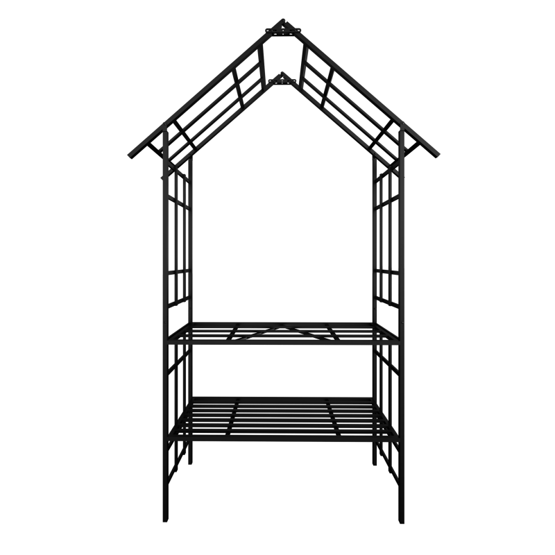 Metal Garden Arch with Convertible Bench and Flower Rack Support - Outdoor Black