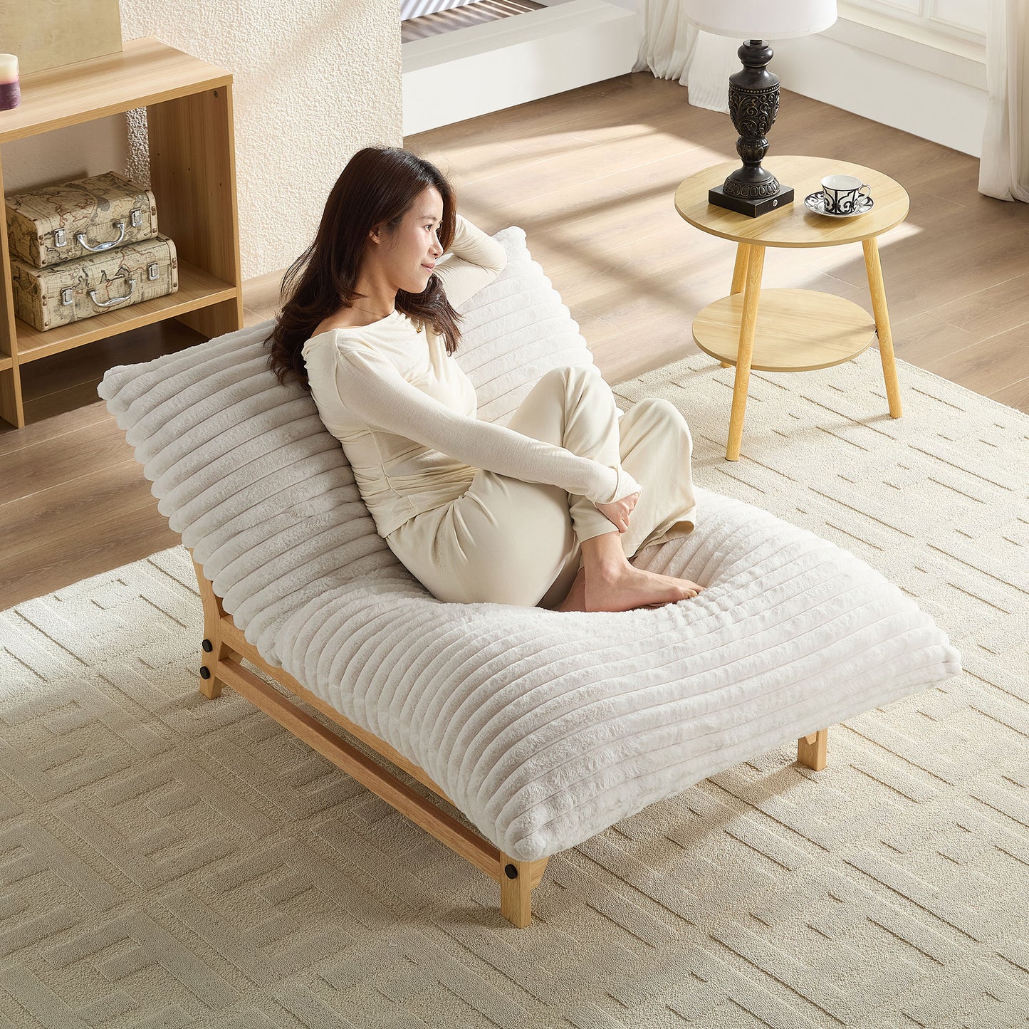 Casual Armless Single Sofa - Off-White Corduroy Fabric