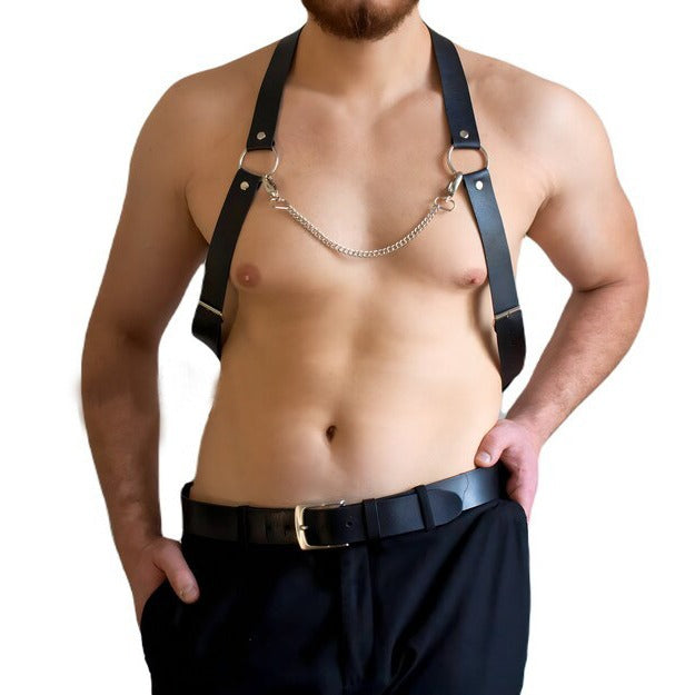 Men's Leather Chain Belt with Chest Strap - Punk Style Black Leather Accessory