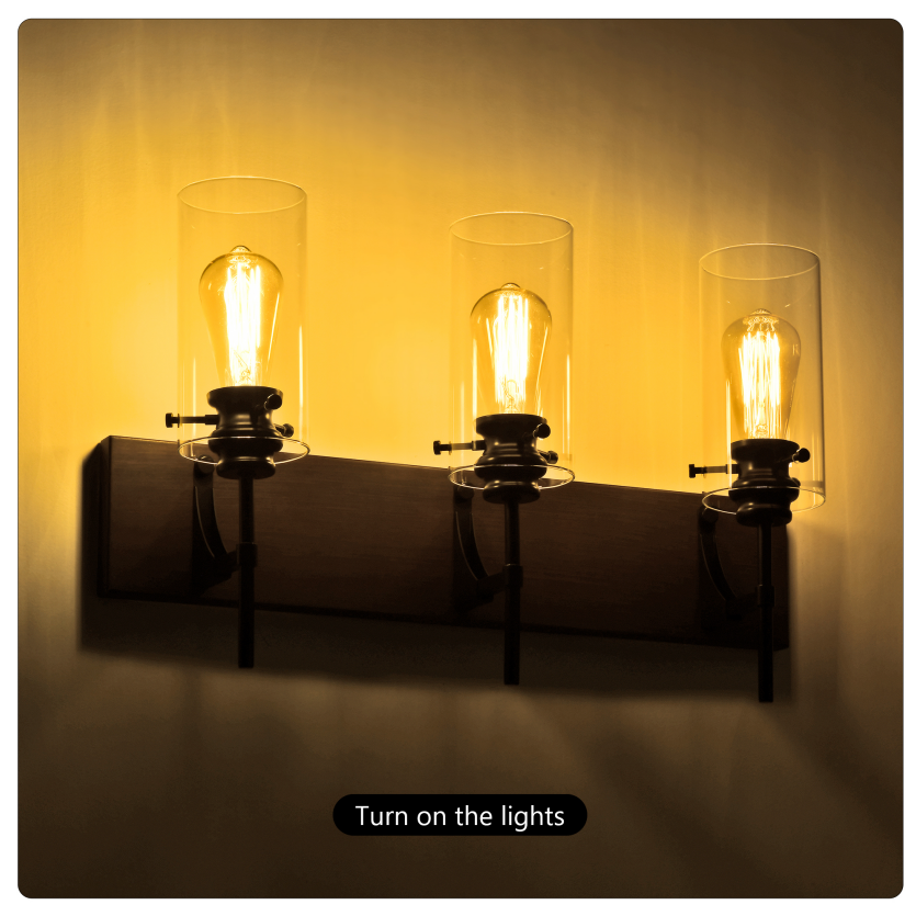 3-Light Matte Black and Wood Bathroom Vanity Light with Glass Shades