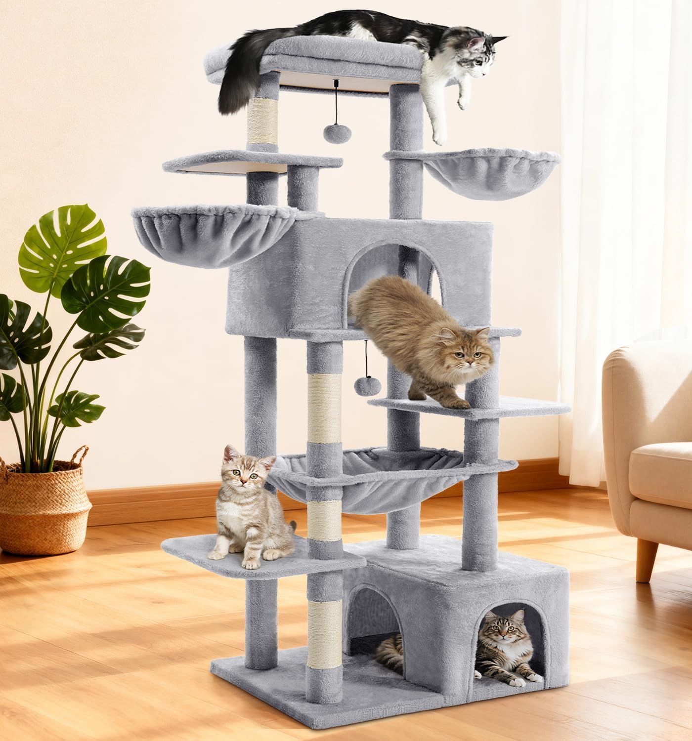 Large Multi-Tier Cat Tree with Sisal Scratching Posts and Widened Perches - Light Gray