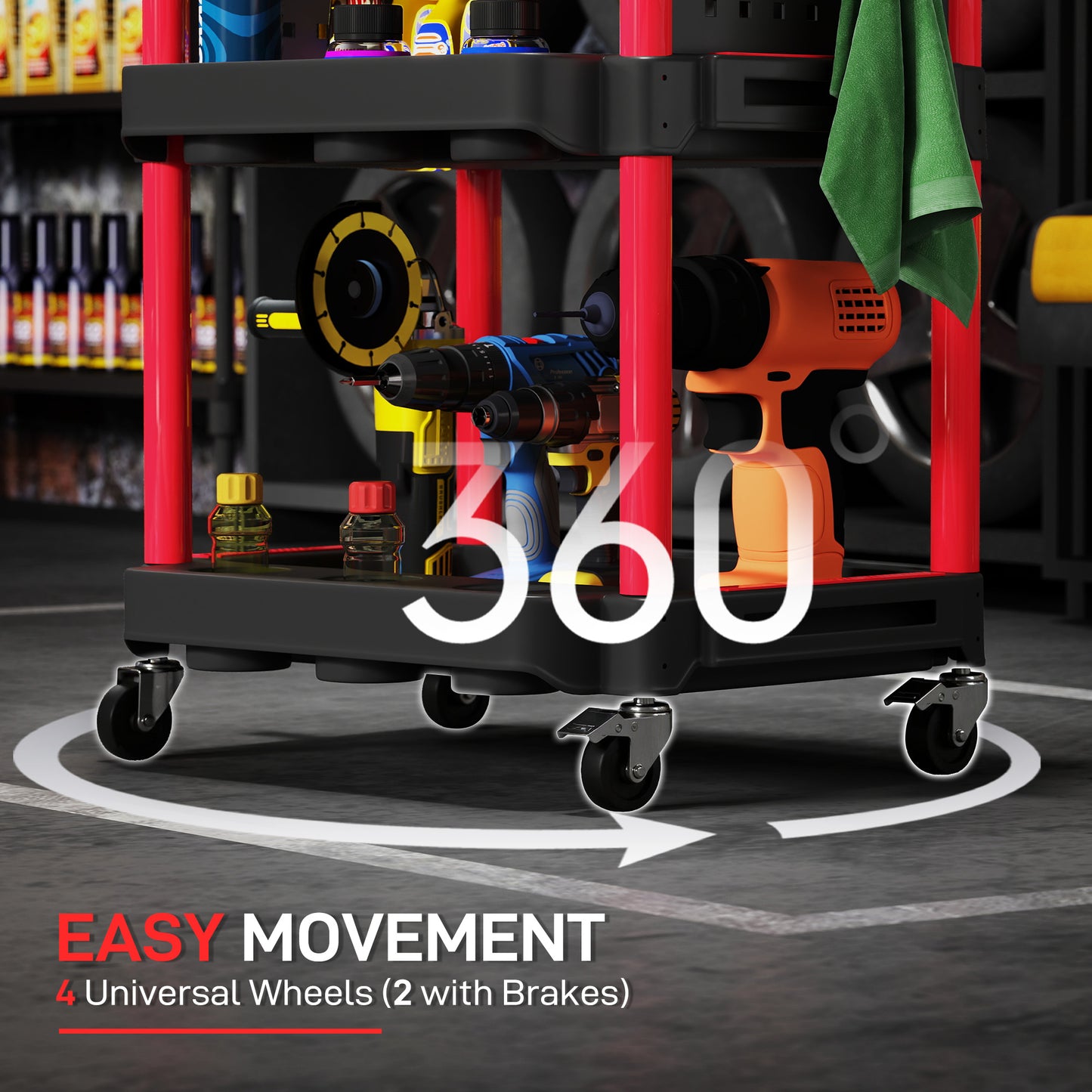 3-Tier Rolling Tool Cart - 200 lbs Capacity, Black & Red