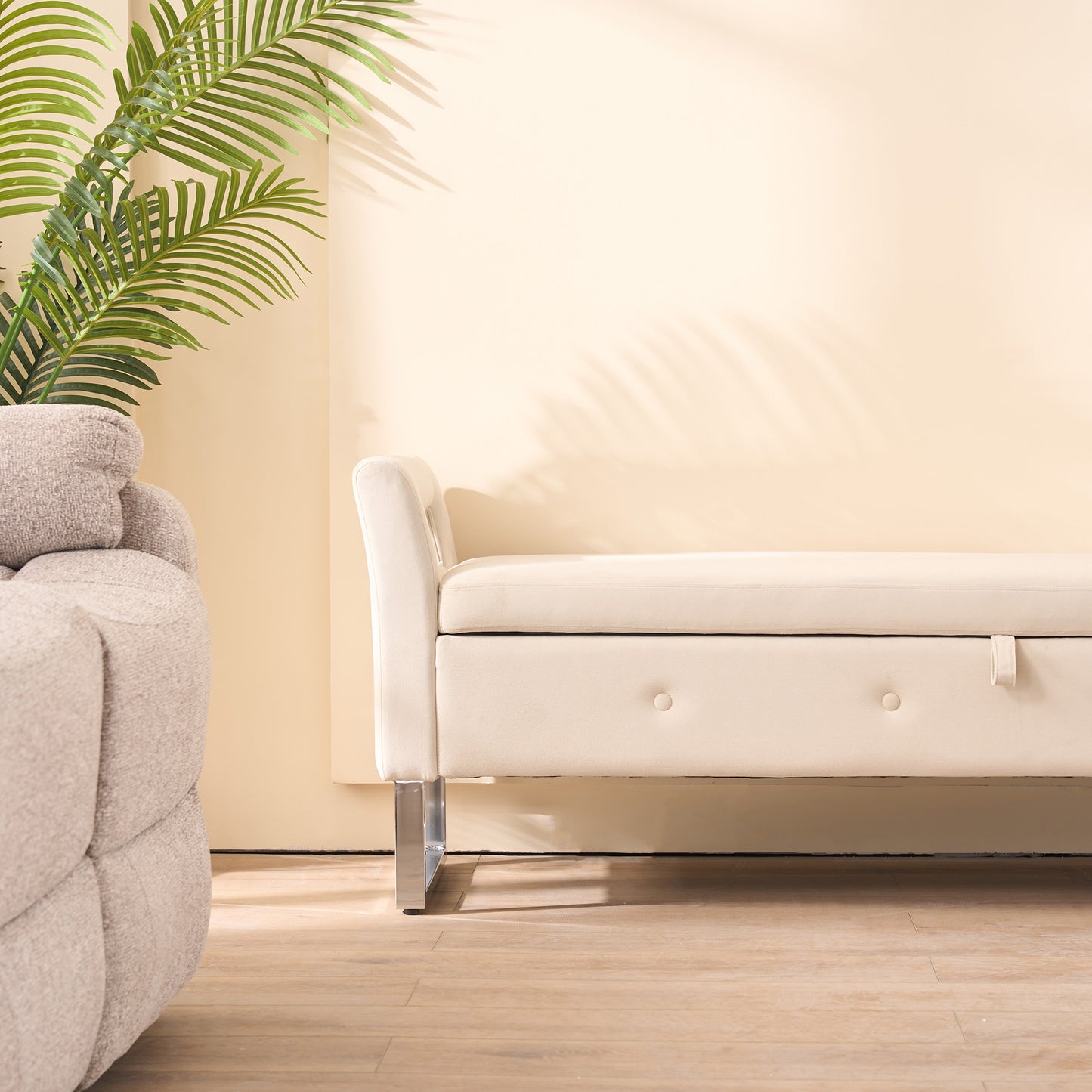 67.91" Wide Velvet Storage Bench with Armrests - Beige