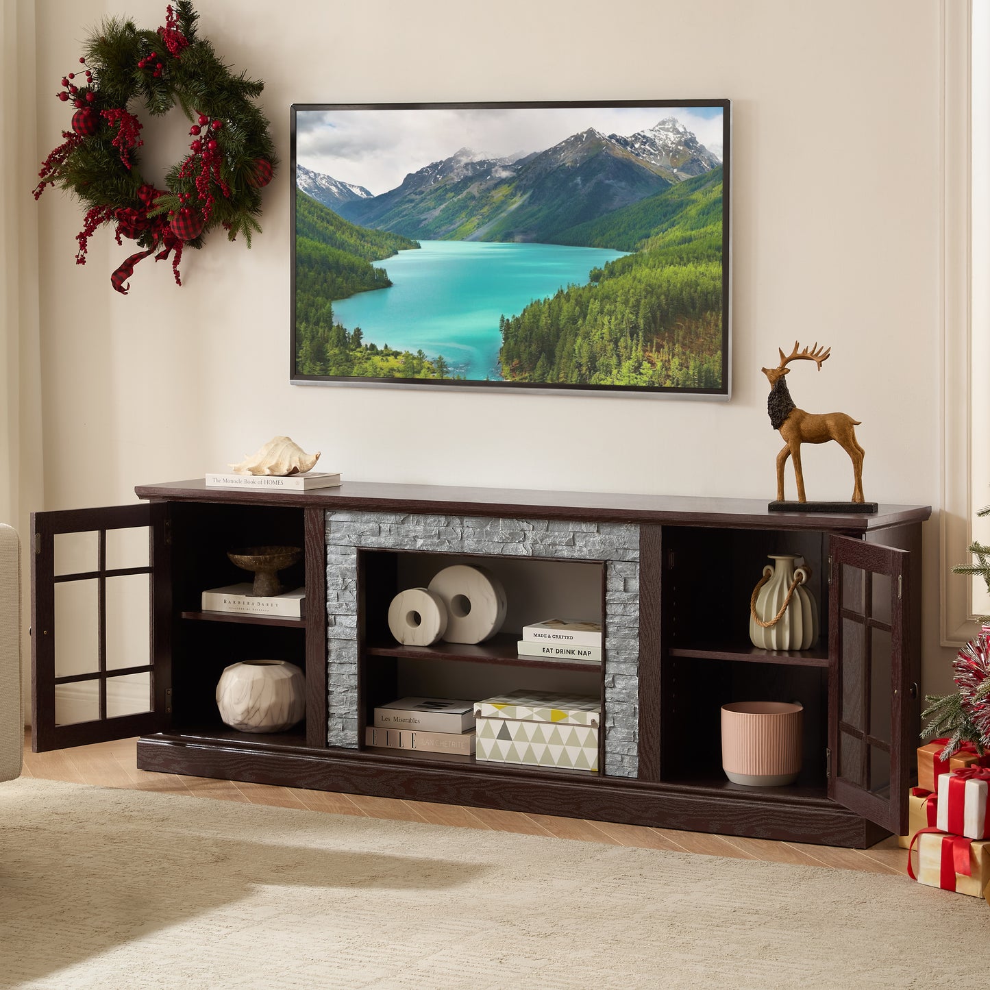 70 Modern TV Stand With 2-Door Storage, Faux Stone Media Console