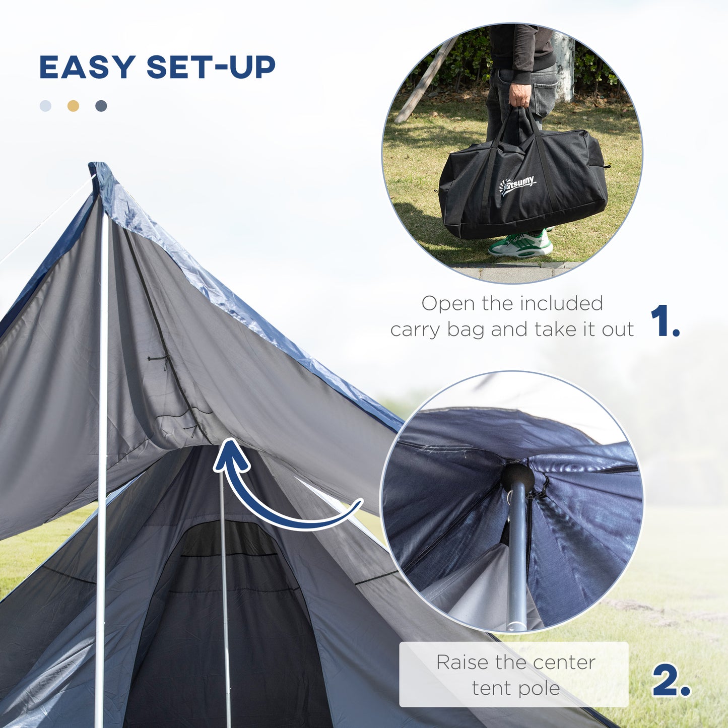 Waterproof 2-3 Person Camping Teepee Tent with Porch - Blue