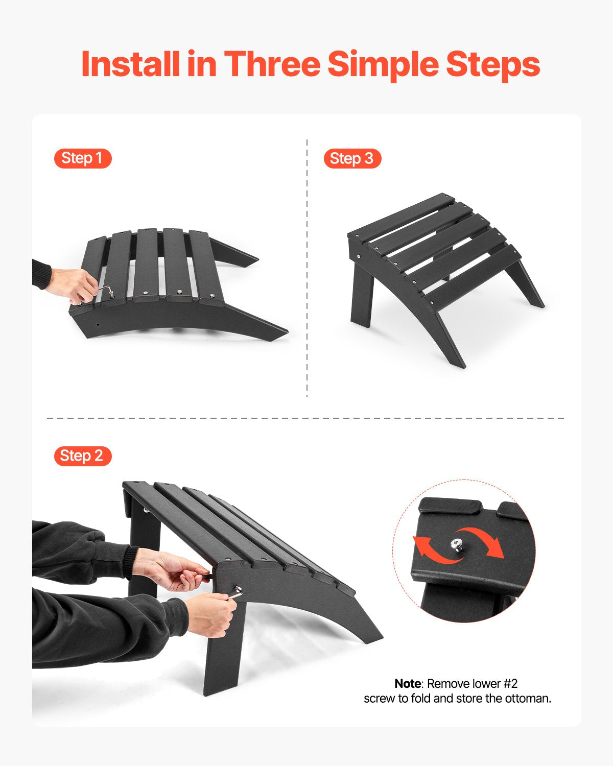 Folding Outdoor Ottoman Footrest for Adirondack Chairs - Black, 18.7x19.7x13 Inches