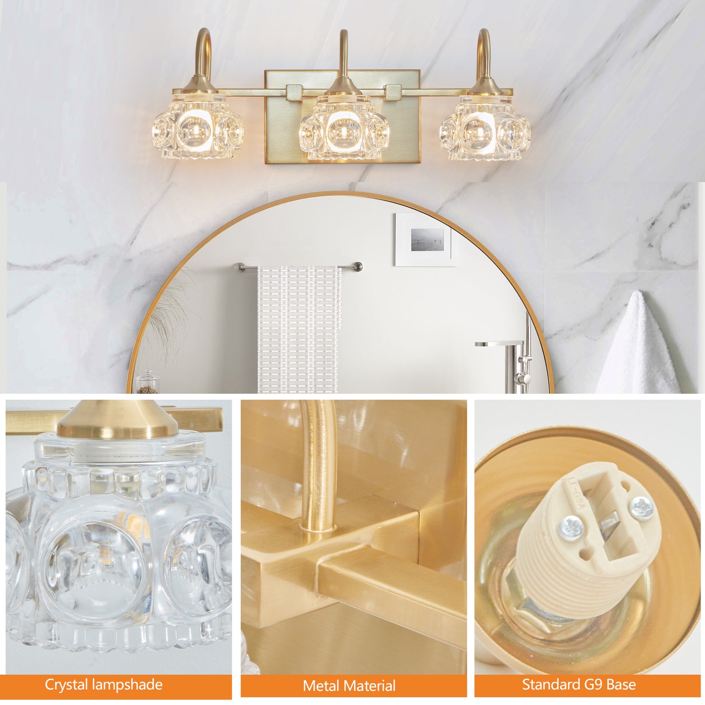 Modern Crystal Bathroom Vanity Light - 3-Light Wall Sconce