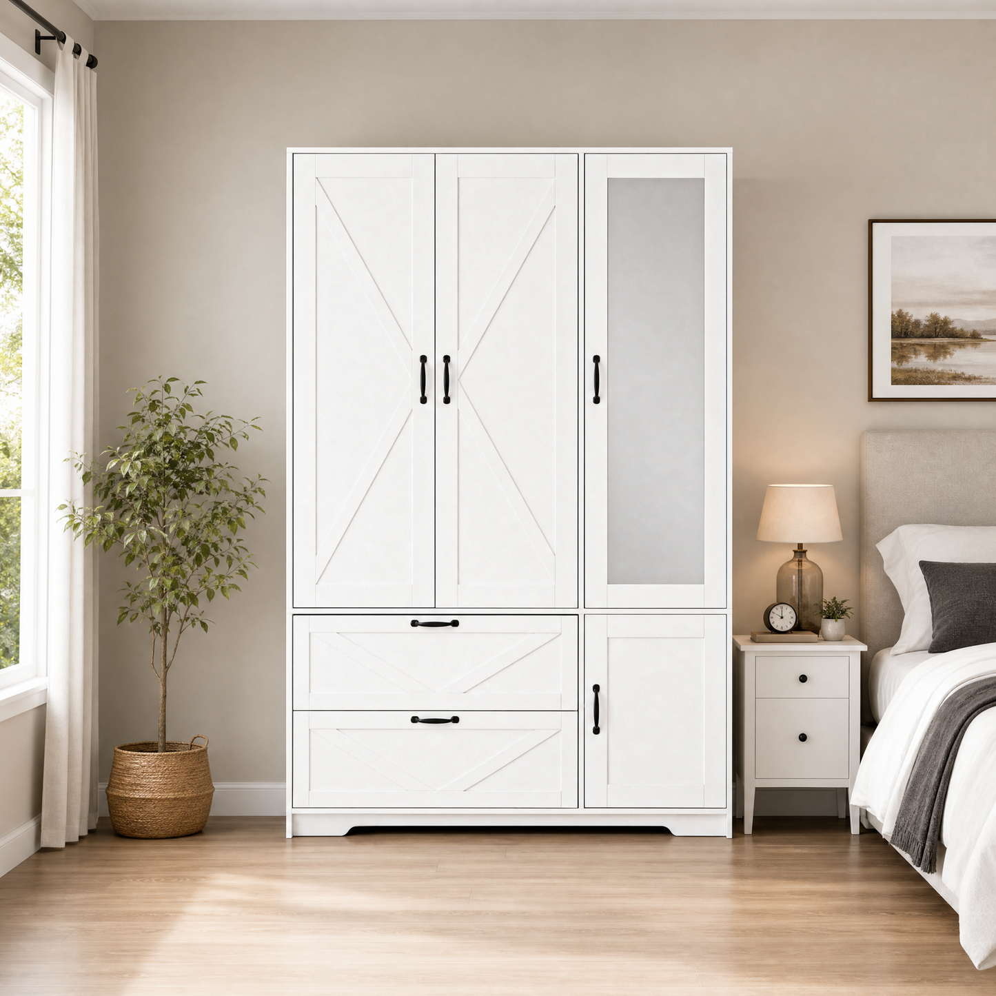 4-Door White Wardrobe Closet with Mirror & LED Lighting